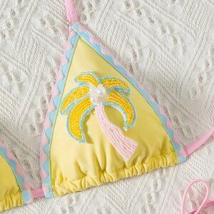 Yellow Cute Women's Halter Neck Pearl & Palm Bikini